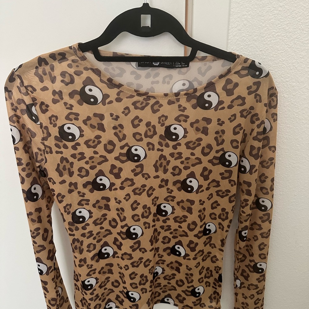 Leopard Print Long Sleeve Top with Yin Yang Design